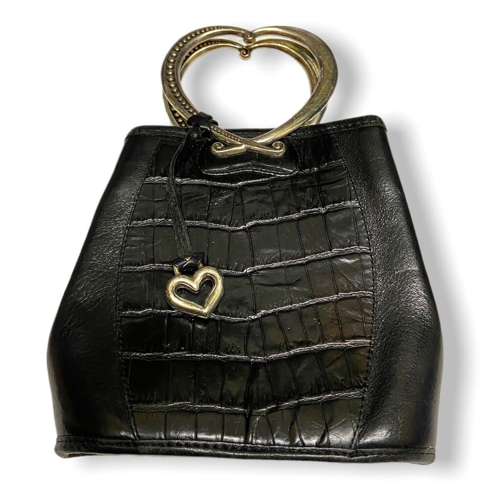 Brighton Black Corazon Handbag Purse Heart Handles Leather‎ Croc Embossed